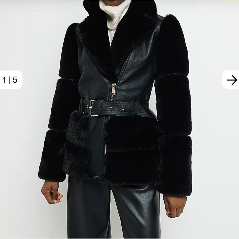 River Island Black Faux Fur and Leather Jacket